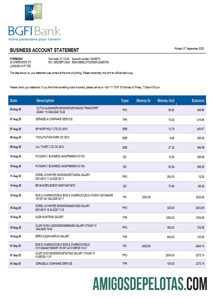 Exemplo de extrato de conta da empresa bancária BGFI em formato Word e PDF